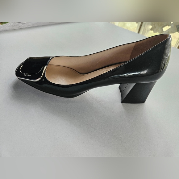 PRADA Black Patent Leather Block Heel Buckle Square Toe Pumps | SZ 6.5 - Picture 3 of 12